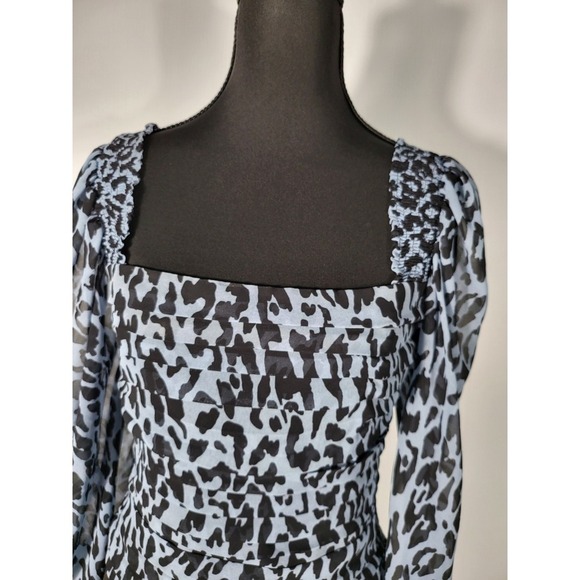 Zara Women's Blue Animal Print Balloon Long Sleeve Pleated Crop - Picture 4 of 10